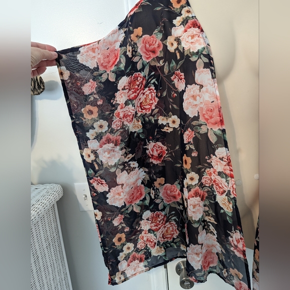 Women's Floral Print Puff Sleeve Kimono Chiffon Loose Cover Up - Size Small - Picture 10 of 12
